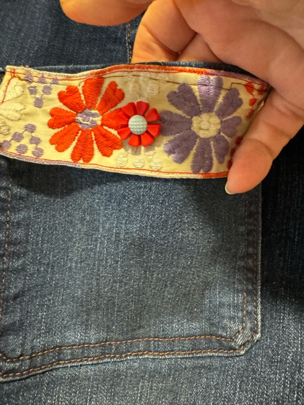 Upcycled Wide Leg Dark Blue Jeans with Embroidered Floral Cuff - Picture 3 of 8